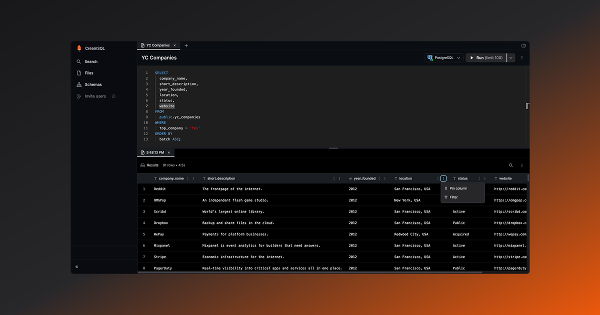 Write and run queries in CreamSQL — editor and results