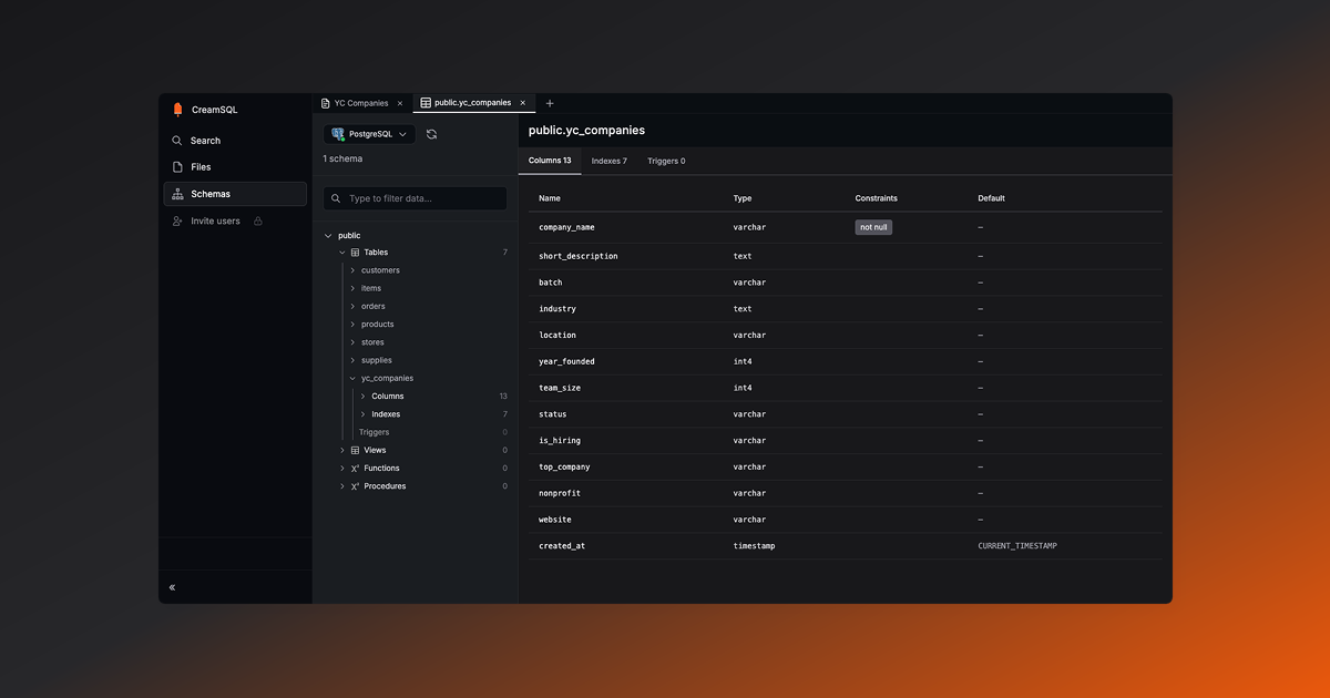 Schema browser in CreamSQL